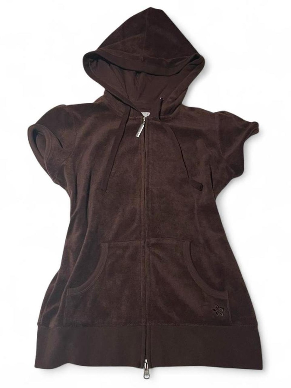 Y2K Brown Terry Short Sleeve Zip Up Sweater Top